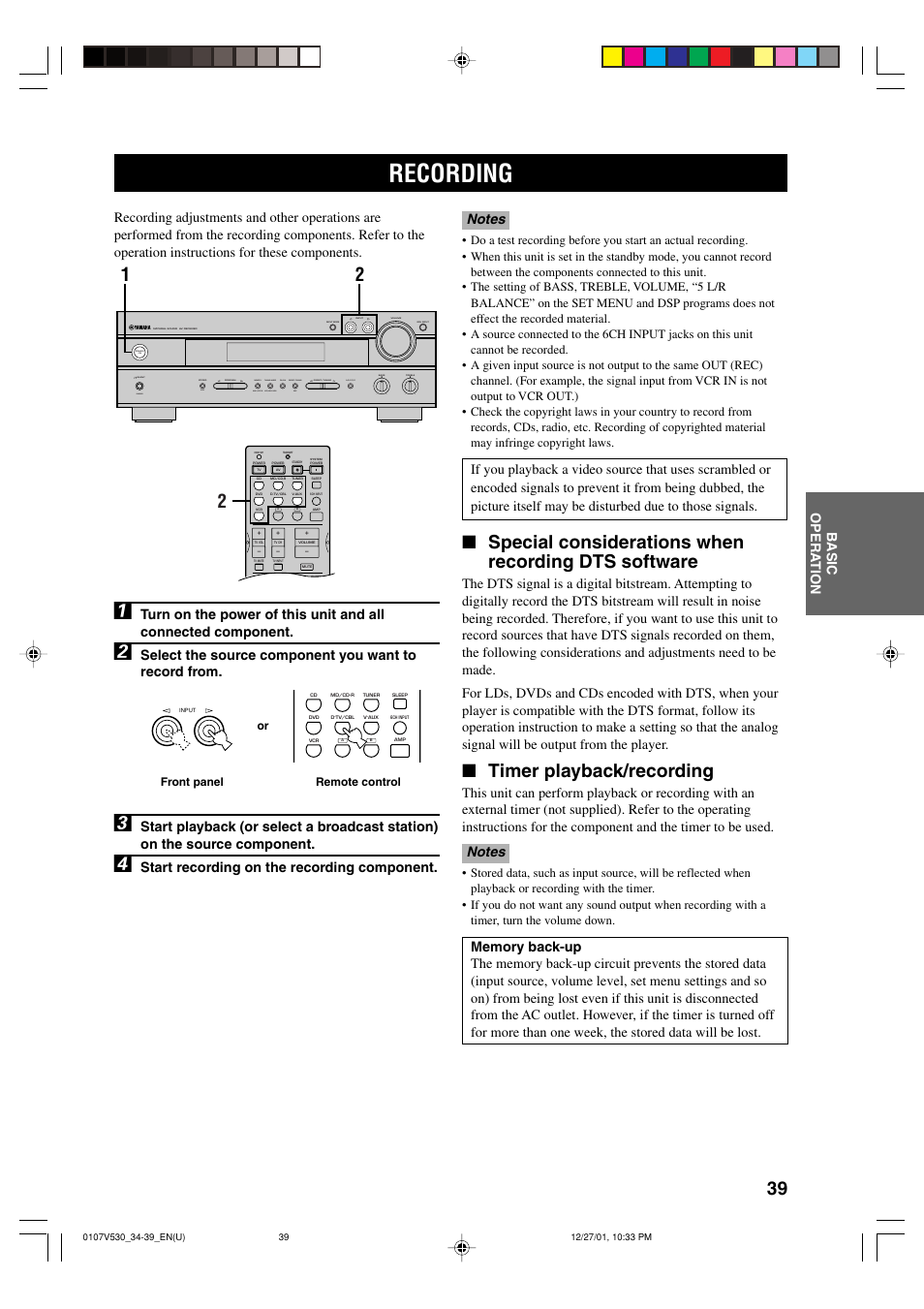 Recording, Special considerations when recording dts software, Timer playback/recording | Start recording on the recording component | Yamaha RX-V530/RX-V430 User Manual | Page 43 / 67