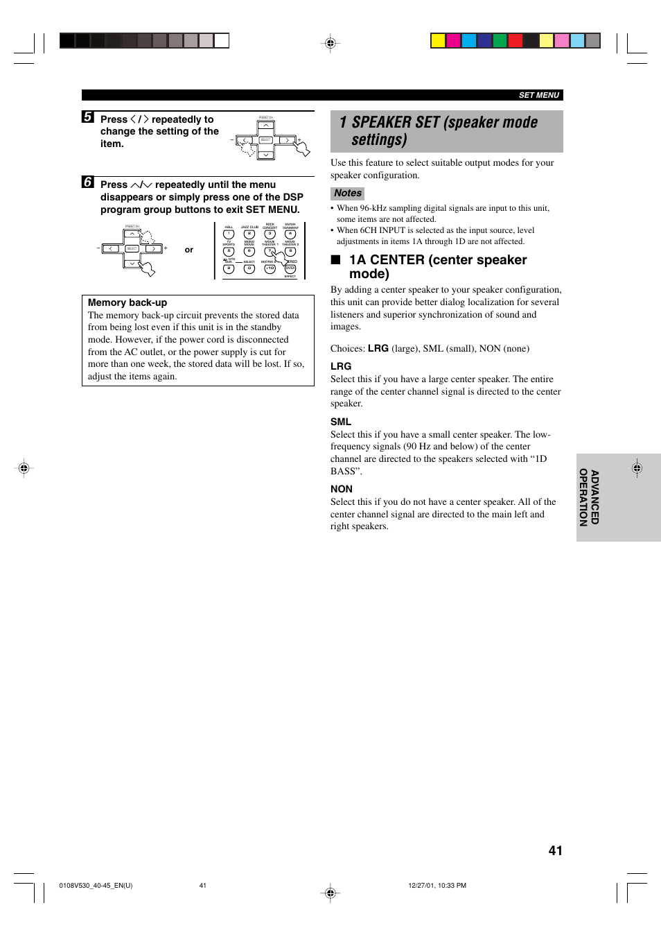 1 speaker set (speaker mode settings), 1a center (center speaker mode) | Yamaha RX-V530/RX-V430 User Manual | Page 45 / 67
