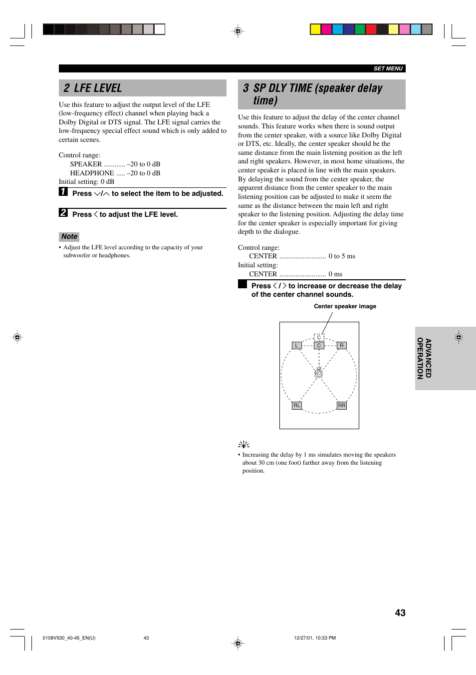 2 lfe level, 3 sp dly time (speaker delay time) | Yamaha RX-V530/RX-V430 User Manual | Page 47 / 67