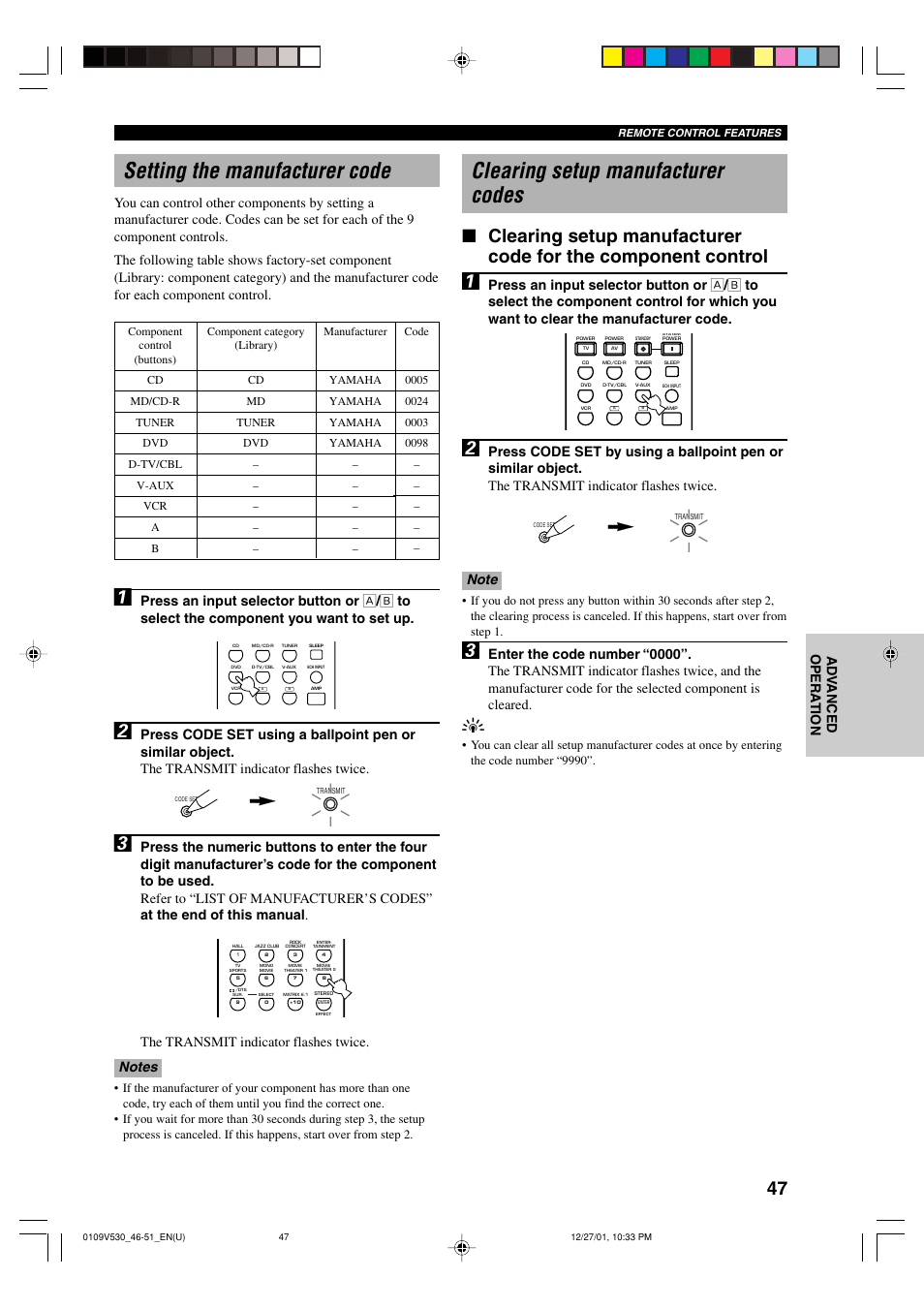 Setting the manufacturer code, Clearing setup manufacturer codes | Yamaha RX-V530/RX-V430 User Manual | Page 51 / 67