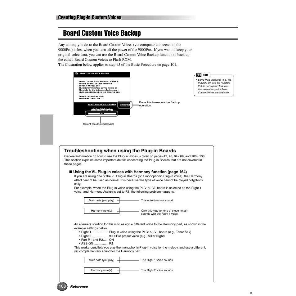 Board custom voice backup, Creating plug-in custom voices, Troubleshooting when using the plug-in boards | Yamaha 9000 Pro User Manual | Page 108 / 250