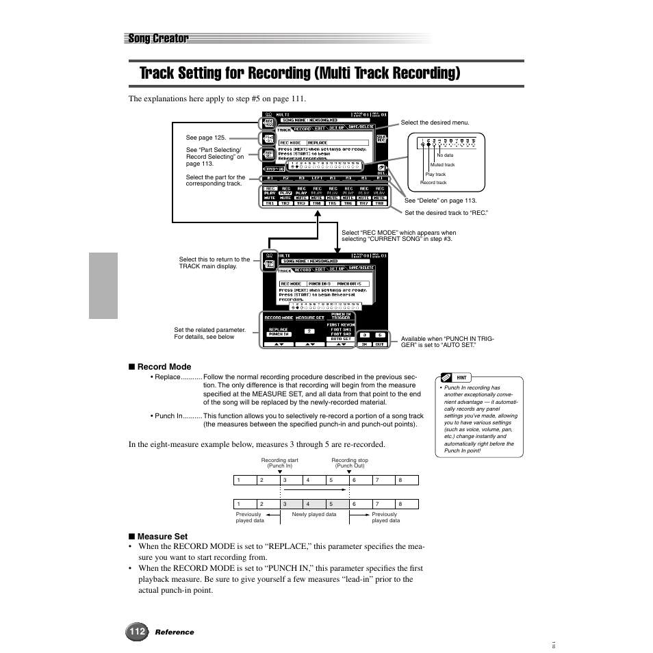 Track setting for recording, Multi track recording), Song creator | Yamaha 9000 Pro User Manual | Page 112 / 250