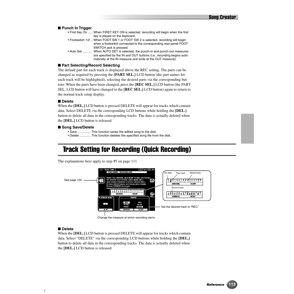 Track setting for recording (quick recording), Track setting for recording, Quick recording) | Song creator | Yamaha 9000 Pro User Manual | Page 113 / 250