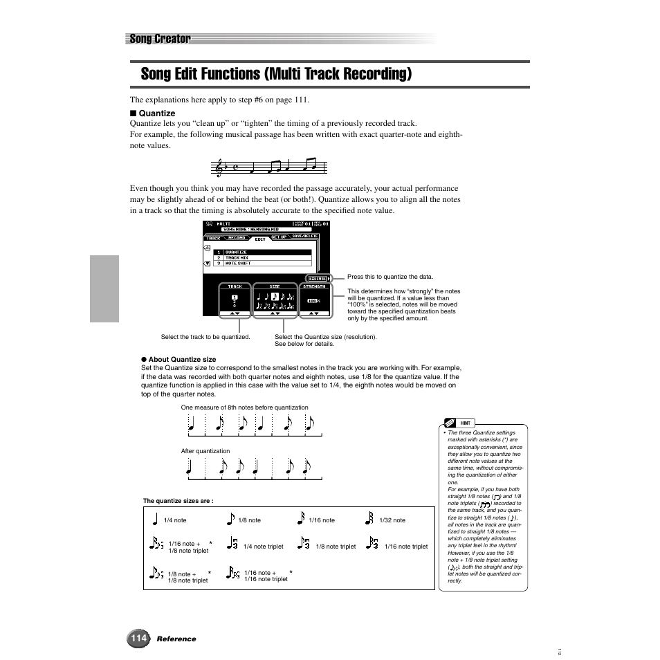 Song edit functions (multi track recording), Song creator | Yamaha 9000 Pro User Manual | Page 114 / 250
