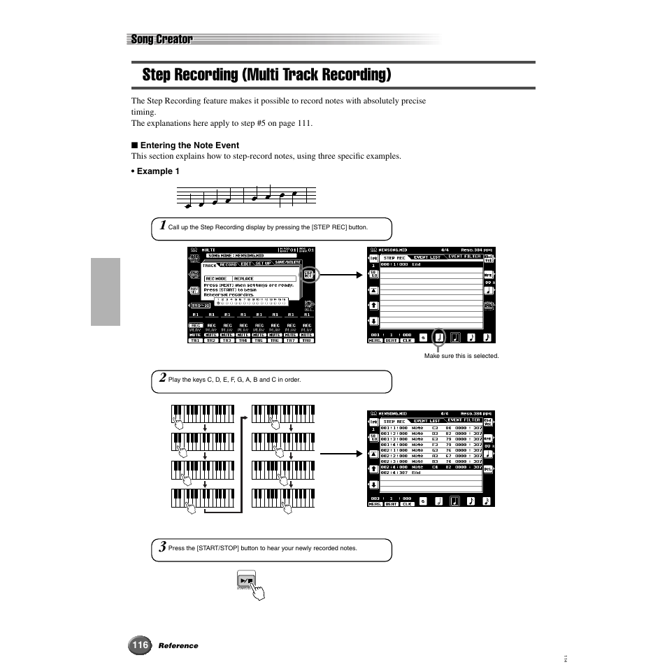 Step recording (multi track recording), Song creator | Yamaha 9000 Pro User Manual | Page 116 / 250