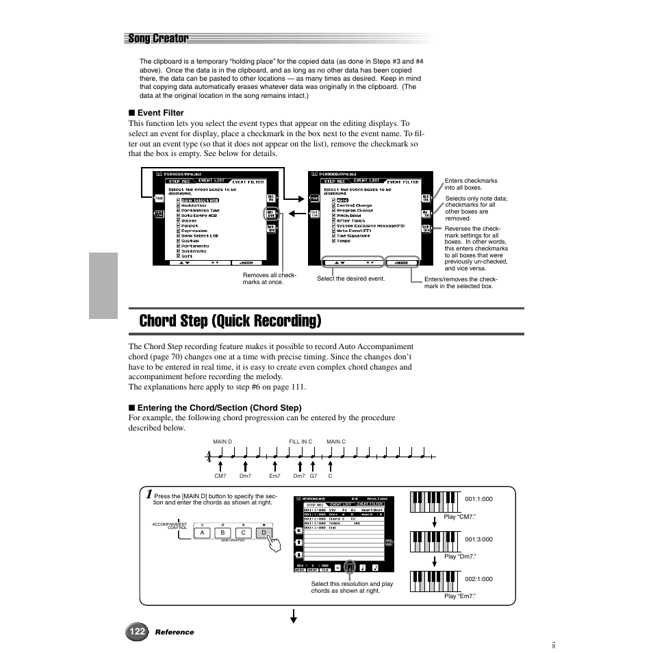 Chord step (quick recording), Song creator | Yamaha 9000 Pro User Manual | Page 122 / 250