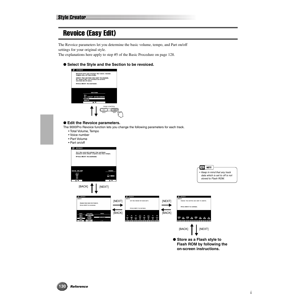 Revoice (easy edit), Style creator | Yamaha 9000 Pro User Manual | Page 130 / 250