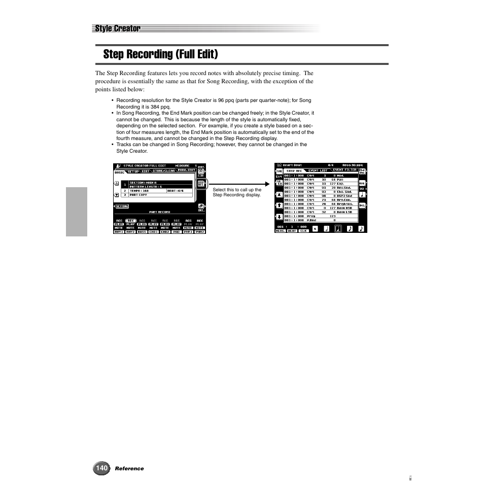 Step recording (full edit), Style creator | Yamaha 9000 Pro User Manual | Page 140 / 250