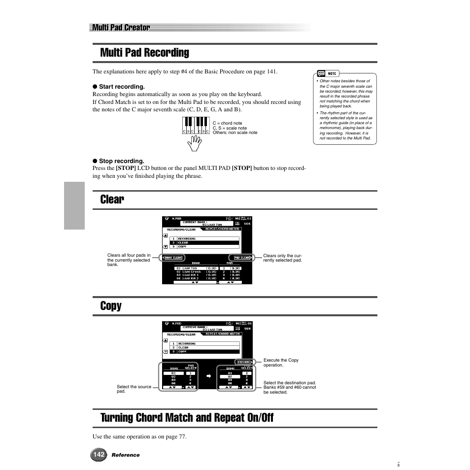 Multi pad recording, Clear, Copy | Turning chord match and repeat on/off, Clear copy turning chord match and repeat on/off, Multi pad creator | Yamaha 9000 Pro User Manual | Page 142 / 250