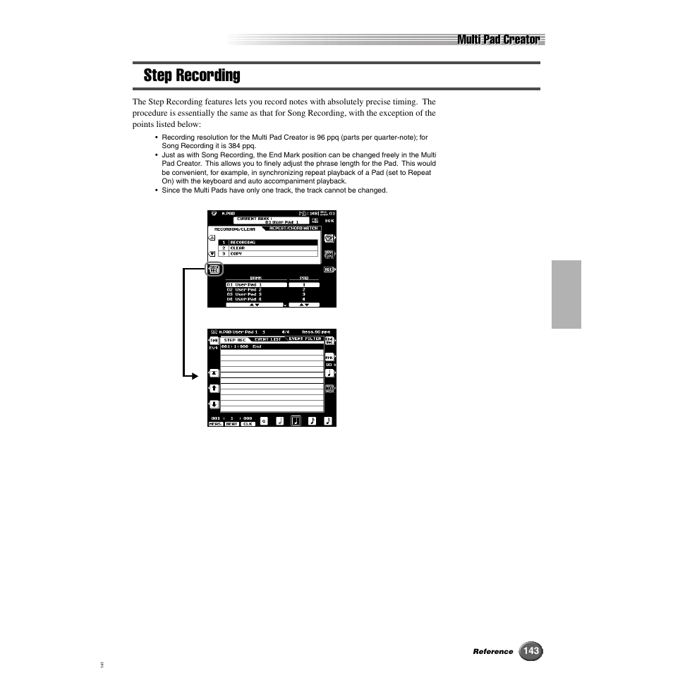 Step recording, Multi pad creator | Yamaha 9000 Pro User Manual | Page 143 / 250