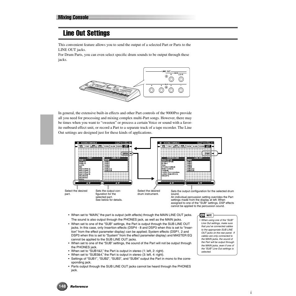 Line out settings, Mixing console | Yamaha 9000 Pro User Manual | Page 148 / 250