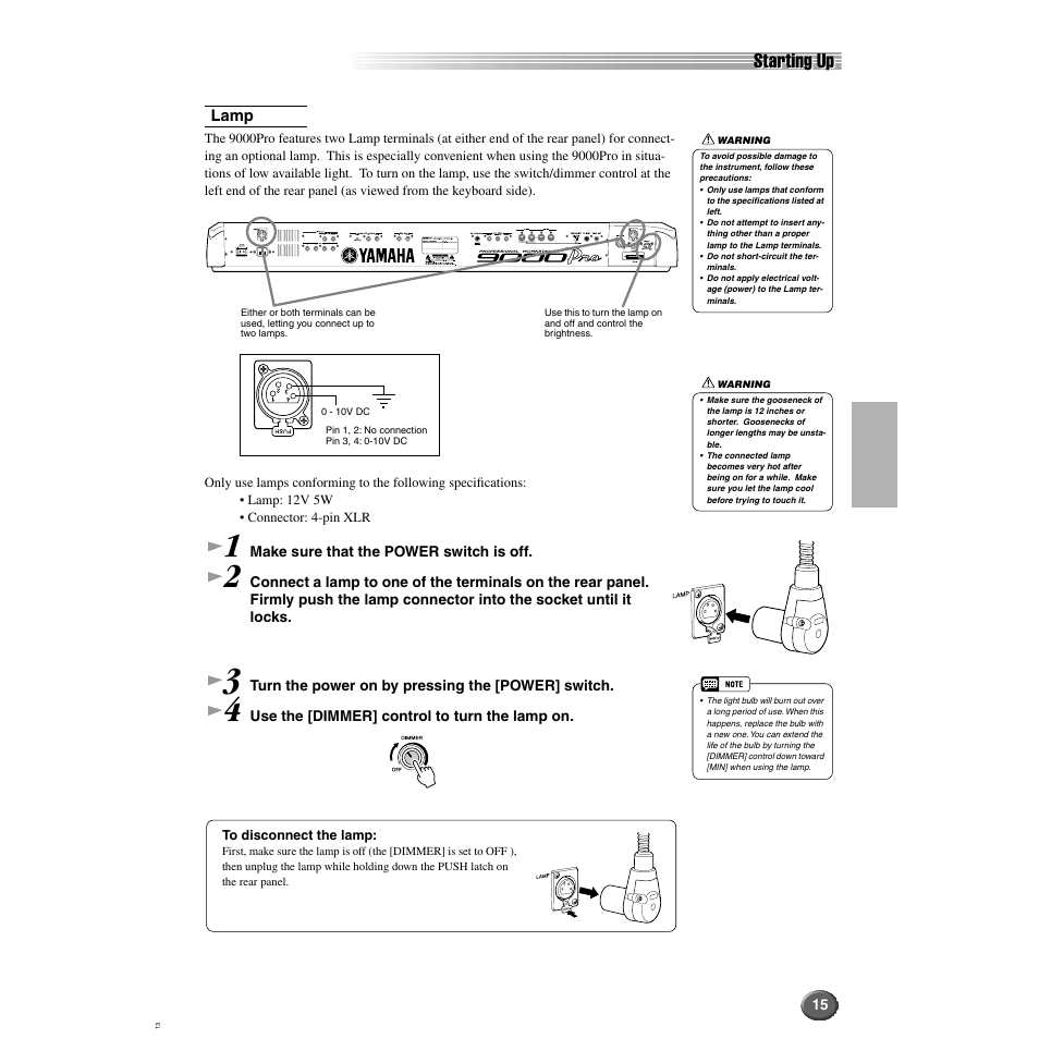 Lamp, 15 f, Starting up | Yamaha 9000 Pro User Manual | Page 15 / 250