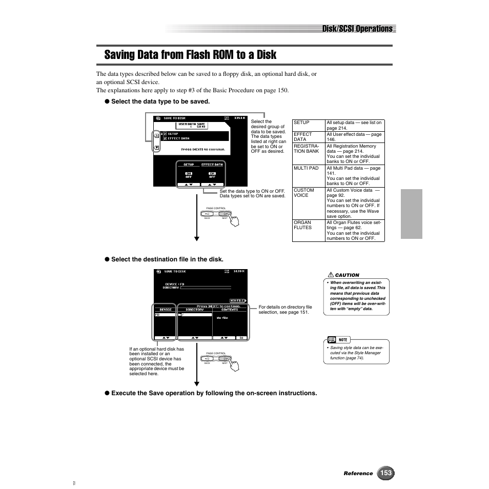 Saving data from flash rom to a disk, Disk/scsi operations | Yamaha 9000 Pro User Manual | Page 153 / 250