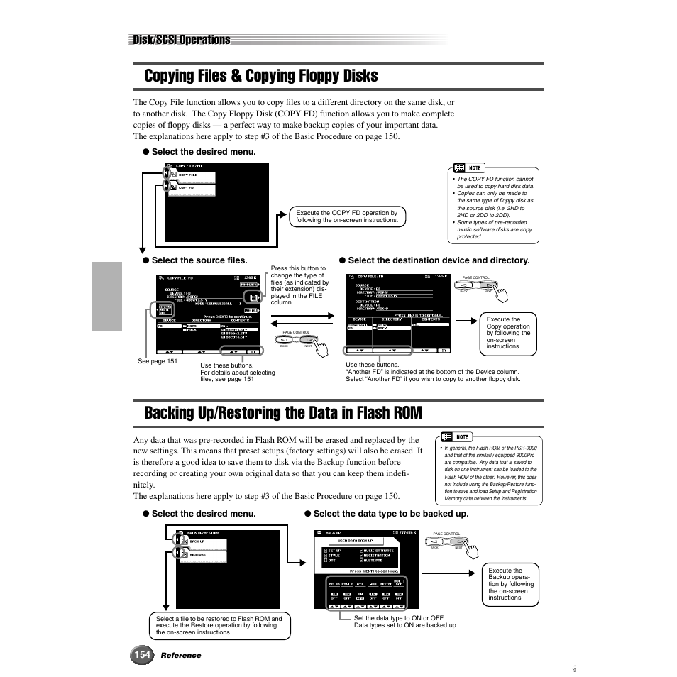 Copying files & copying floppy disks, Backing up/restoring the data in flash rom, Disk/scsi operations | Yamaha 9000 Pro User Manual | Page 154 / 250