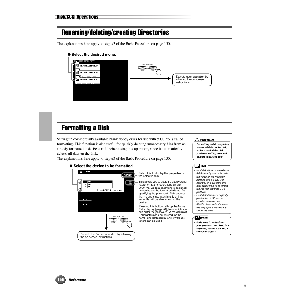 Renaming/deleting/creating directories, Formatting a disk, Disk/scsi operations | Yamaha 9000 Pro User Manual | Page 156 / 250