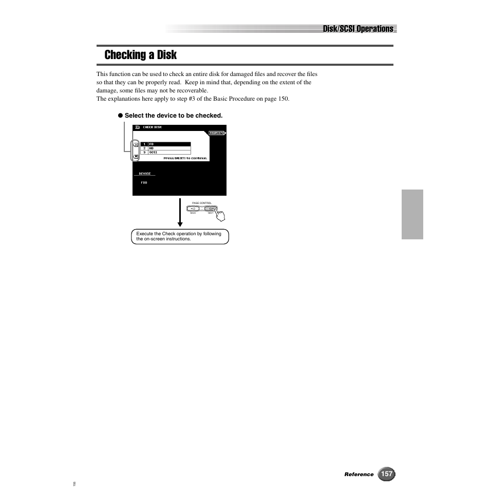 Checking a disk, Disk/scsi operations | Yamaha 9000 Pro User Manual | Page 157 / 250