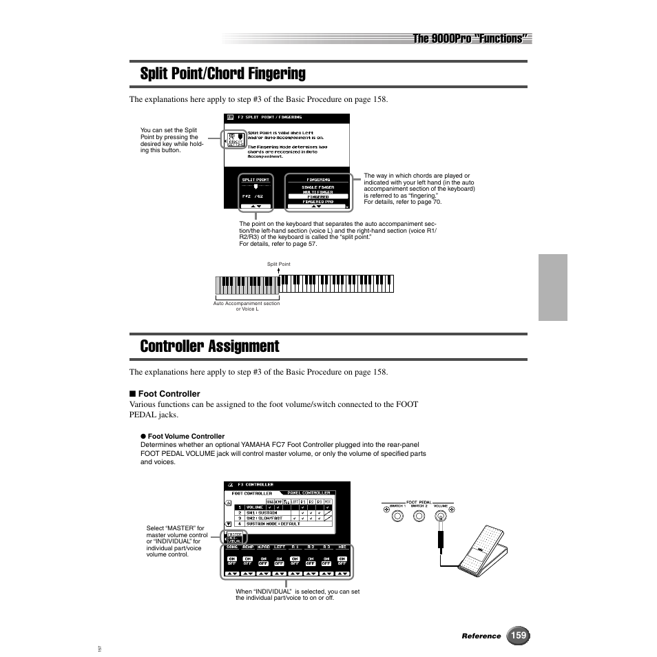 Split point/chord fingering, Controller assignment, Split point/chord fingering controller assignment | The 9000pro “functions | Yamaha 9000 Pro User Manual | Page 159 / 250