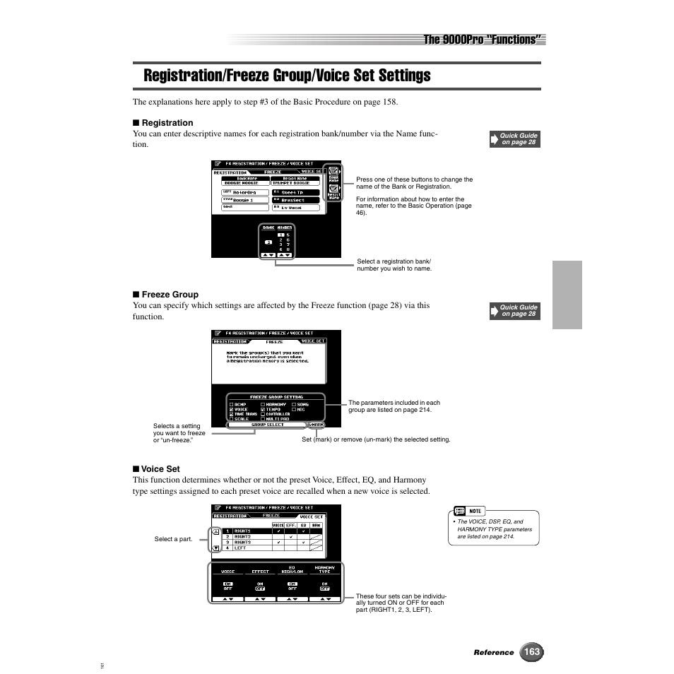 Registration/freeze group/voice set settings, The 9000pro “functions | Yamaha 9000 Pro User Manual | Page 163 / 250