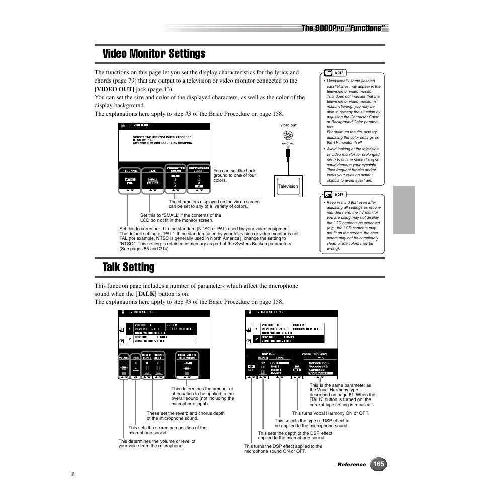 Video monitor settings, Talk setting, Video monitor settings talk setting | The 9000pro “functions | Yamaha 9000 Pro User Manual | Page 165 / 250