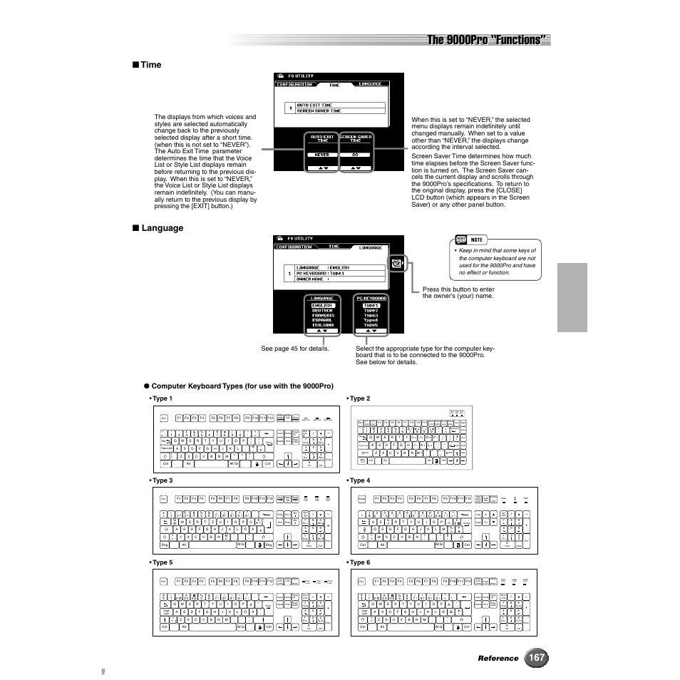 The 9000pro “functions, Time ■ language, Reference | Computer keyboard types (for use with the 9000pro), Press this button to enter the owner’s (your) name | Yamaha 9000 Pro User Manual | Page 167 / 250