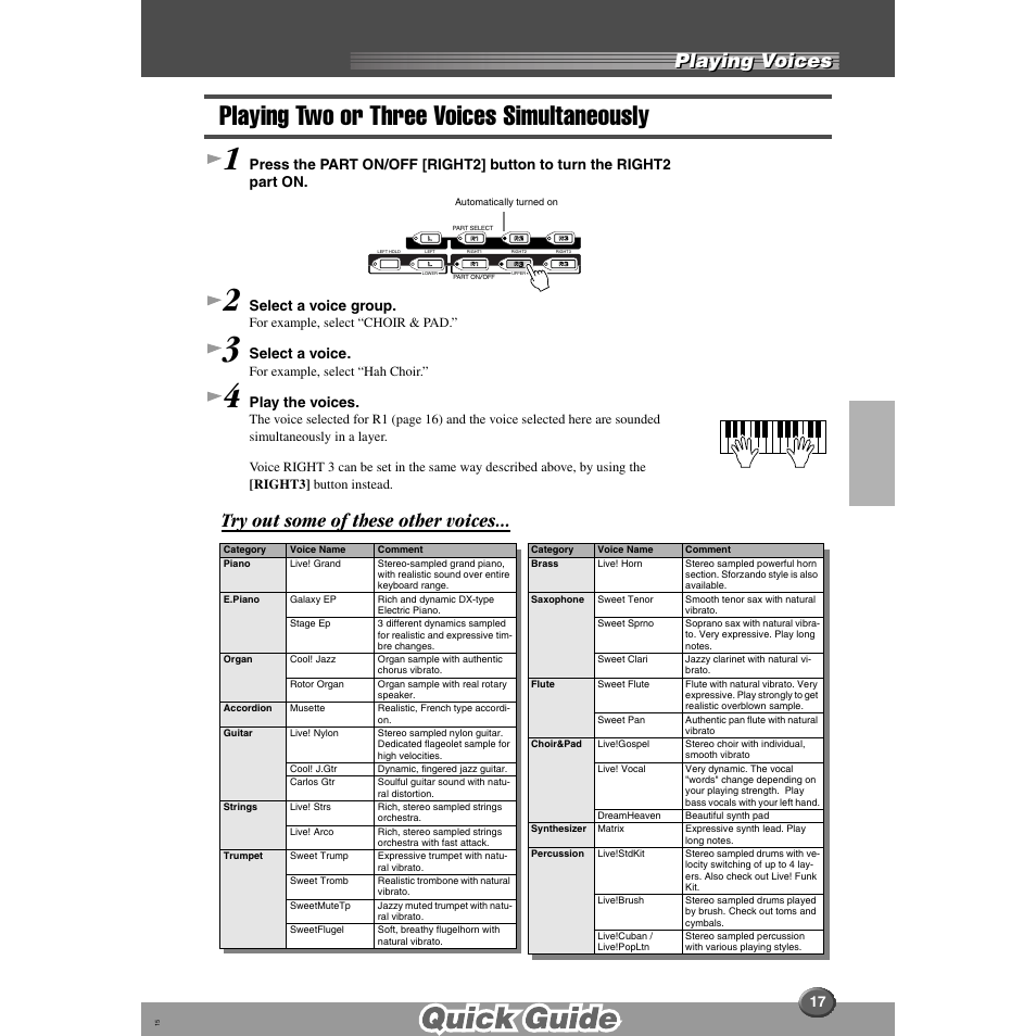 Playing two or three voices simultaneously, Playing voices, Try out some of these other voices | Yamaha 9000 Pro User Manual | Page 17 / 250