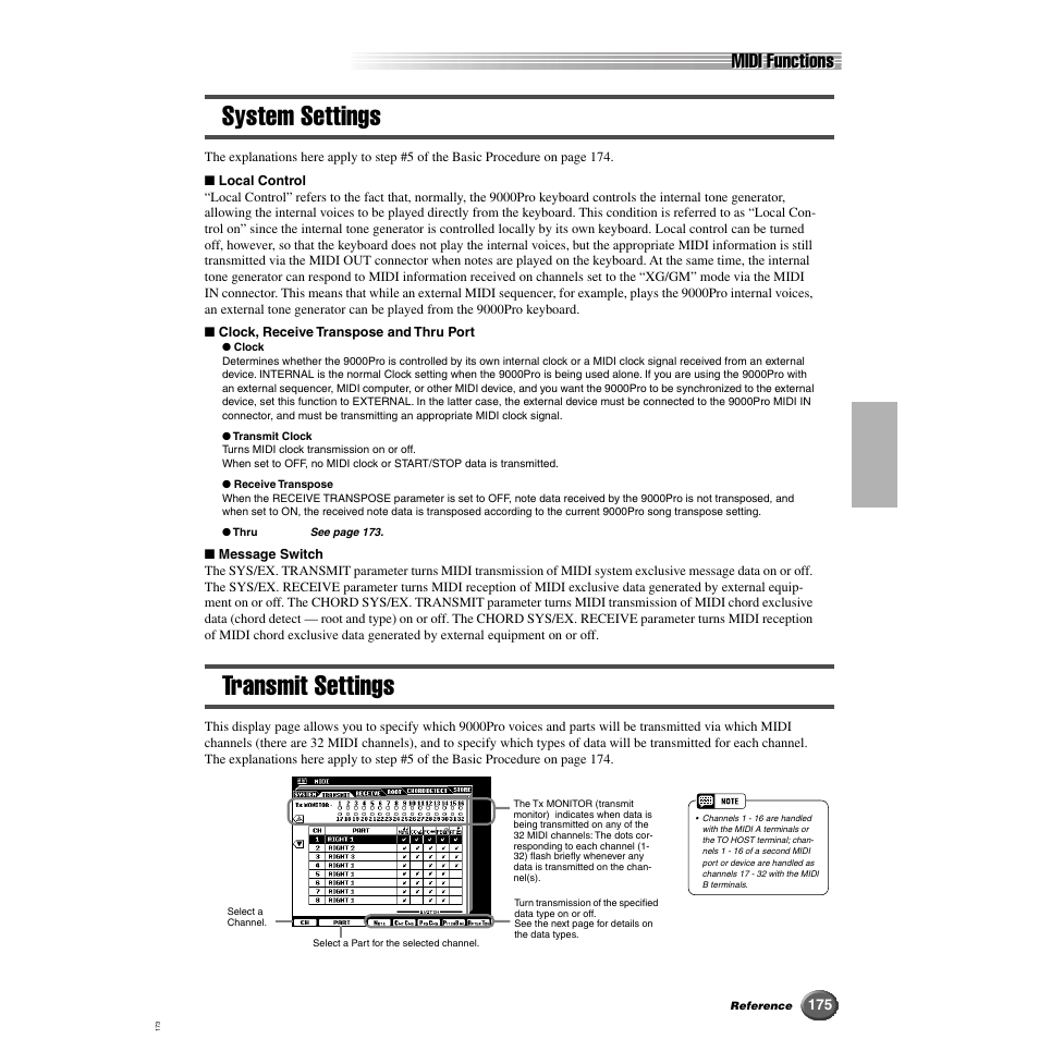 System settings, Transmit settings, System settings transmit settings | Es 175, Midi functions | Yamaha 9000 Pro User Manual | Page 175 / 250