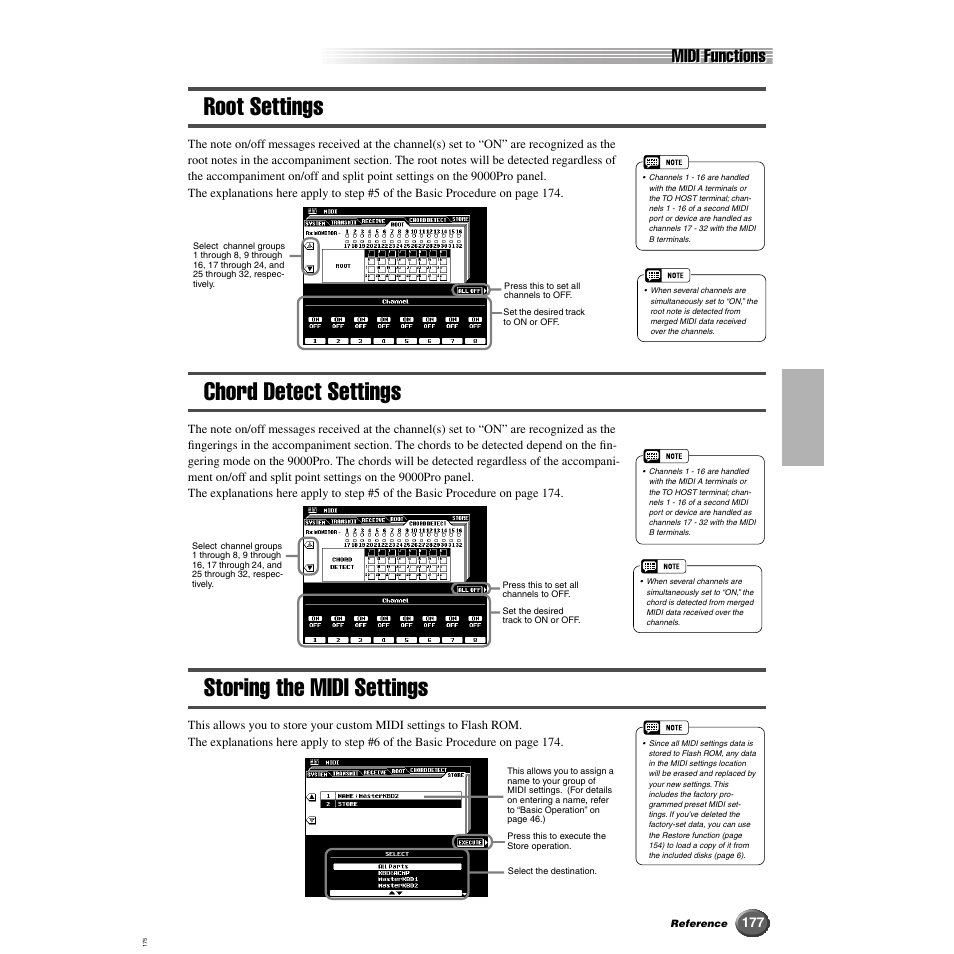 Root settings, Chord detect settings, Storing the midi settings | Midi functions | Yamaha 9000 Pro User Manual | Page 177 / 250