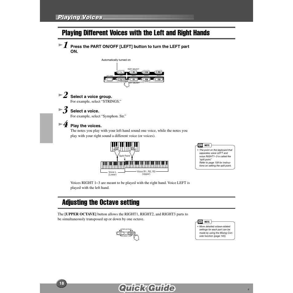 Adjusting the octave setting, Playing different voices with the left and, Right hands | Playing voices | Yamaha 9000 Pro User Manual | Page 18 / 250