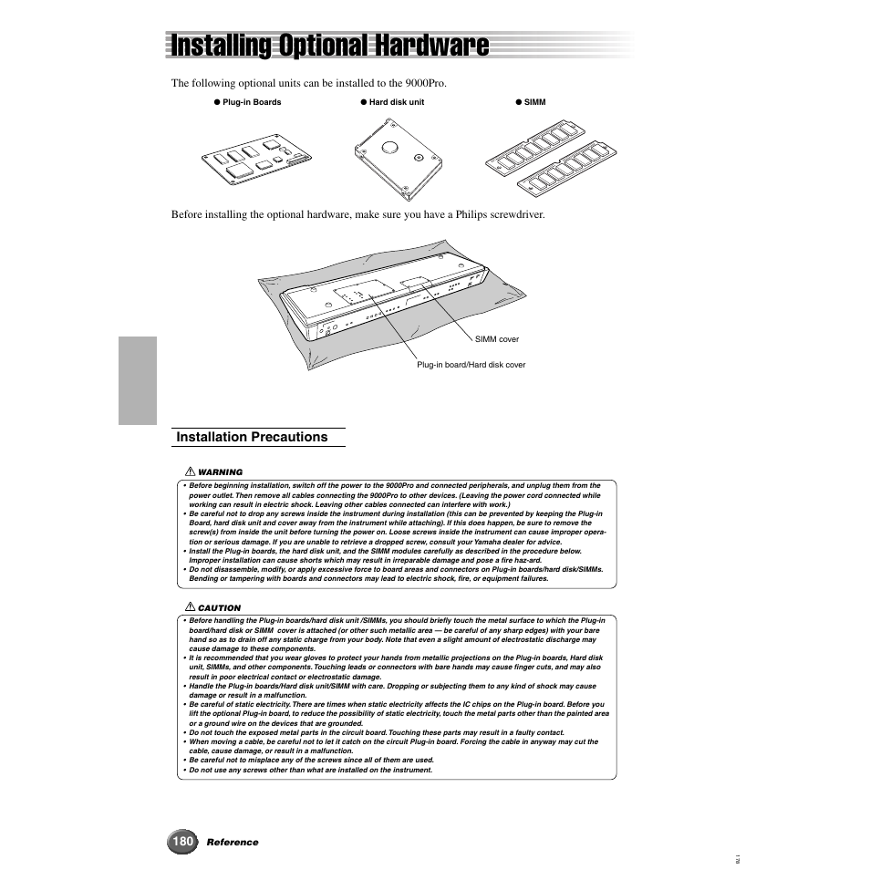 Installing optional hardware, Installation precautions | Yamaha 9000 Pro User Manual | Page 180 / 250