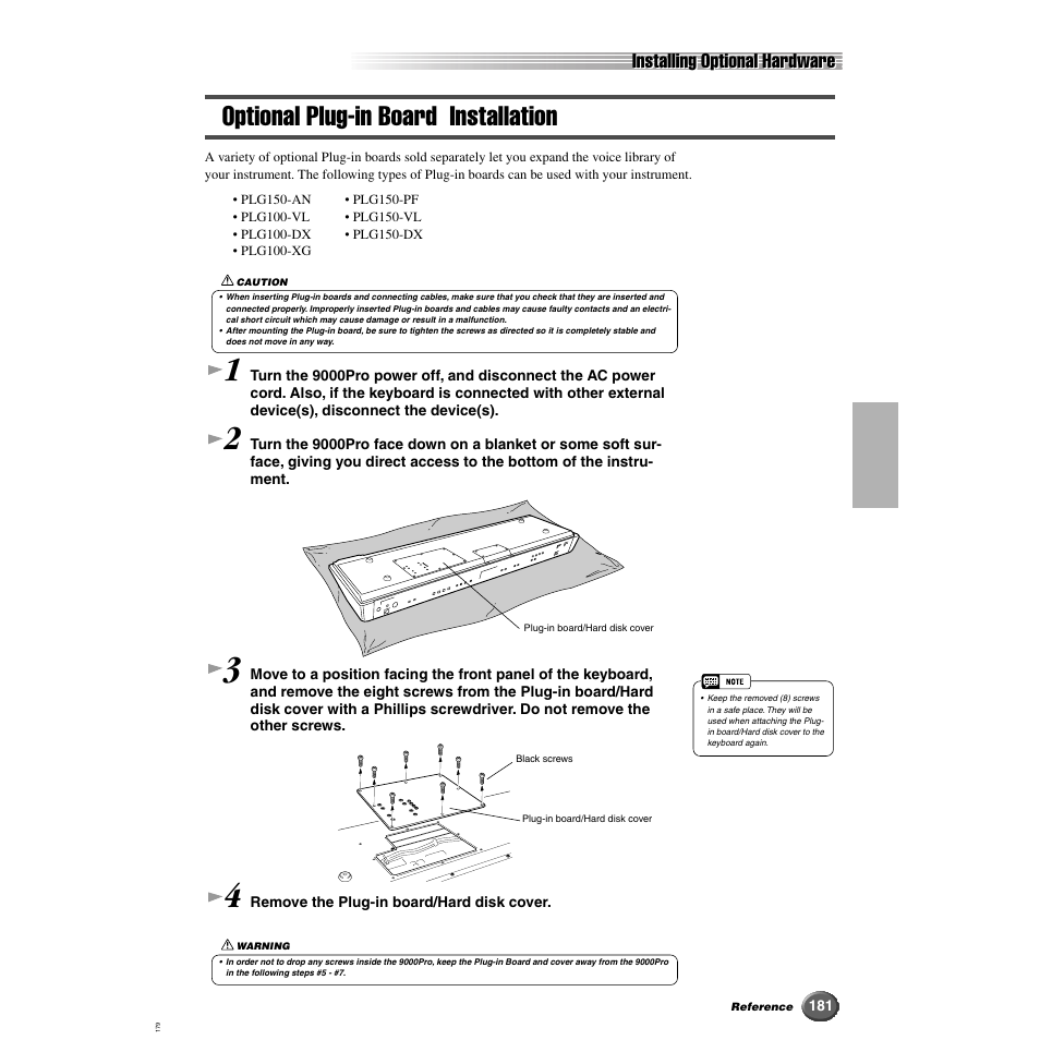 Optional plug-in board installation, Installing optional hardware | Yamaha 9000 Pro User Manual | Page 181 / 250