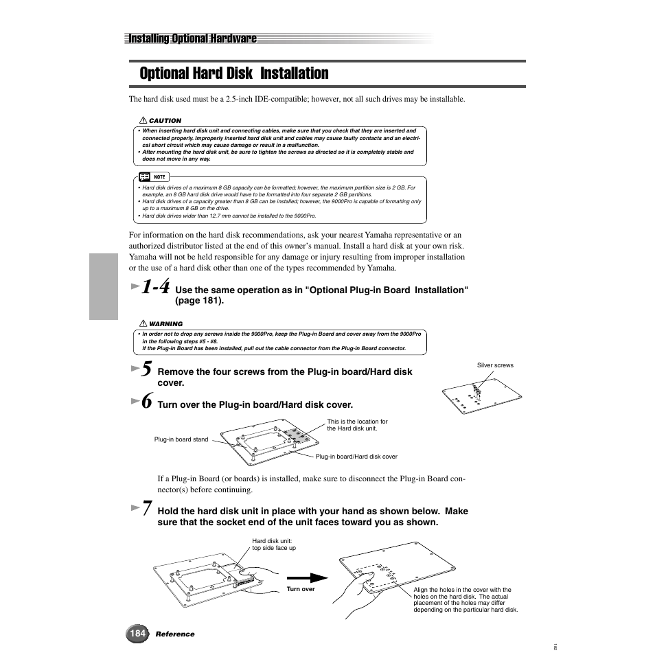Optional hard disk installation, Installing optional hardware | Yamaha 9000 Pro User Manual | Page 184 / 250