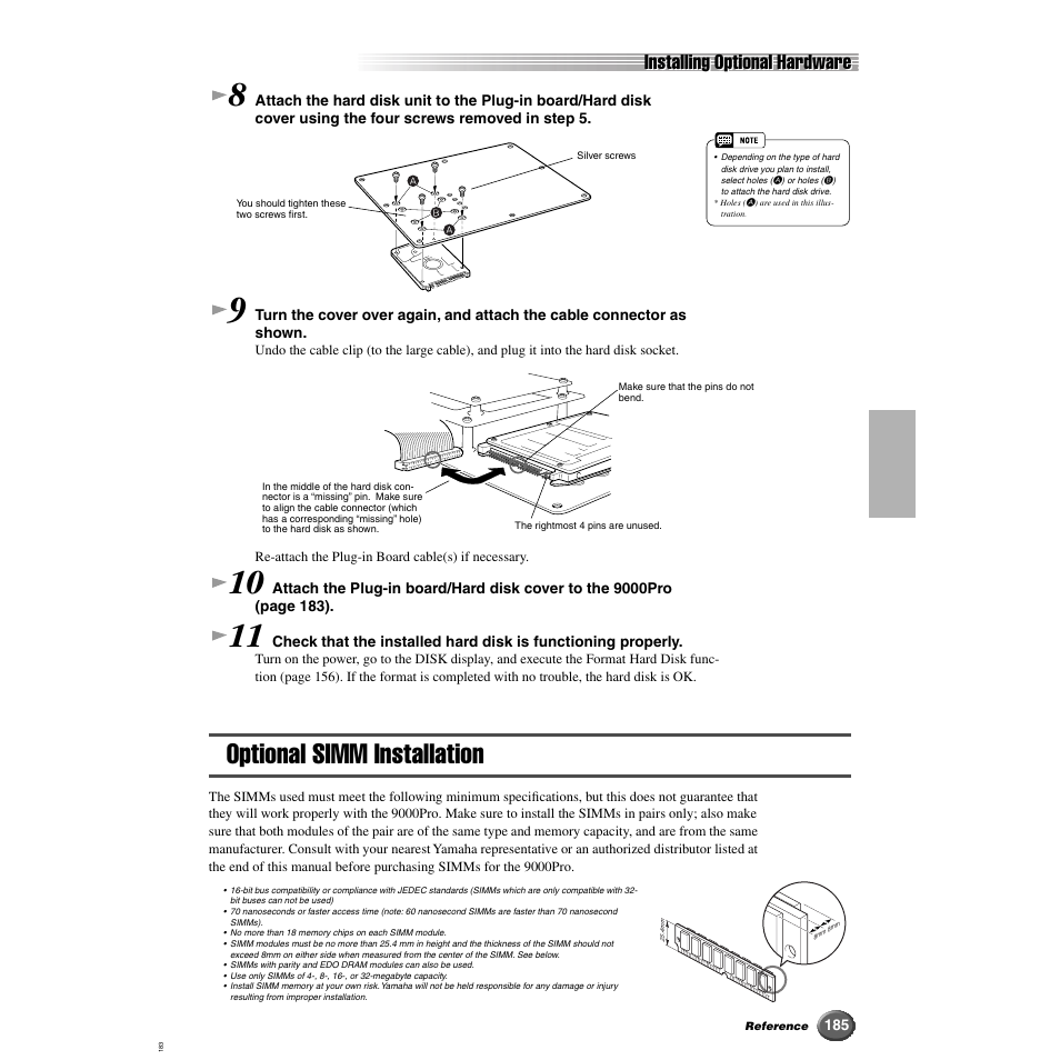 Optional simm installation, Installing optional hardware | Yamaha 9000 Pro User Manual | Page 185 / 250