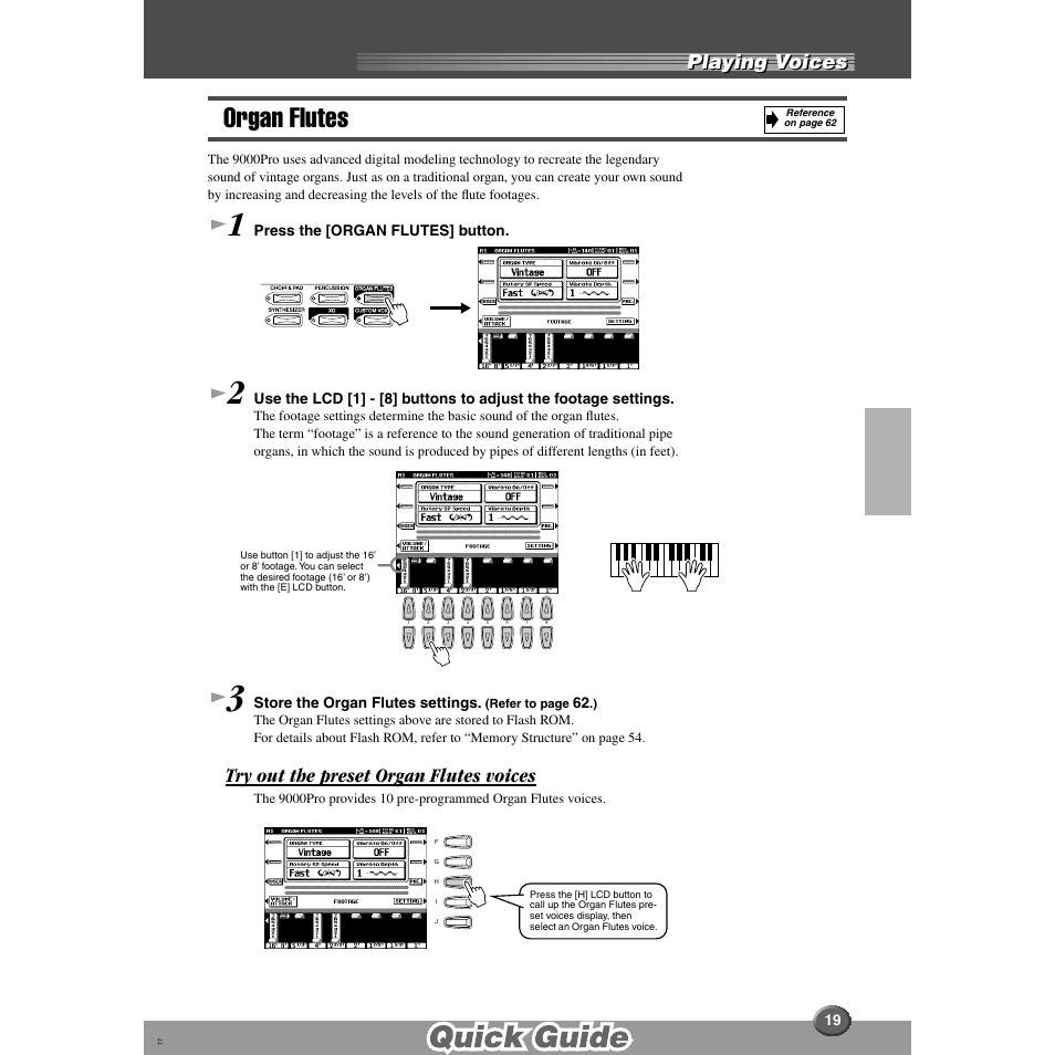 Organ flutes, Playing voices, Try out the preset organ flutes voices | Yamaha 9000 Pro User Manual | Page 19 / 250