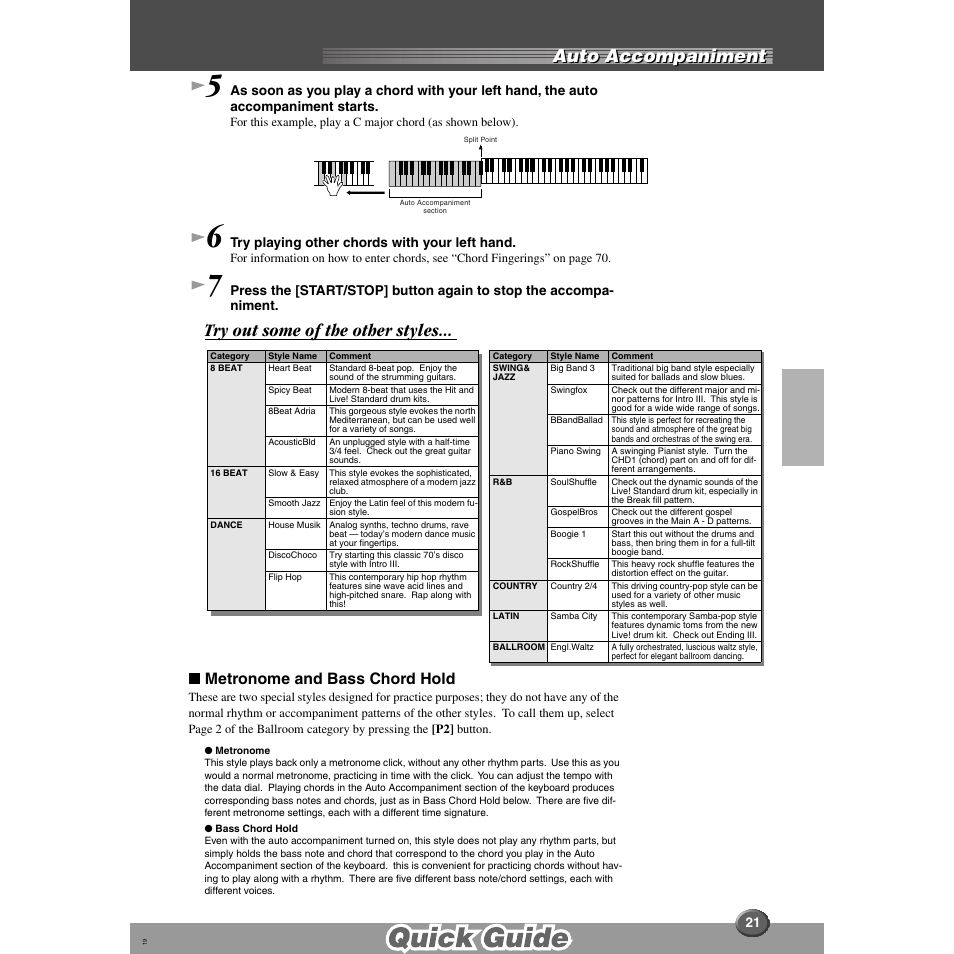 Auto accompaniment, Try out some of the other styles, Metronome and bass chord hold | Yamaha 9000 Pro User Manual | Page 21 / 250