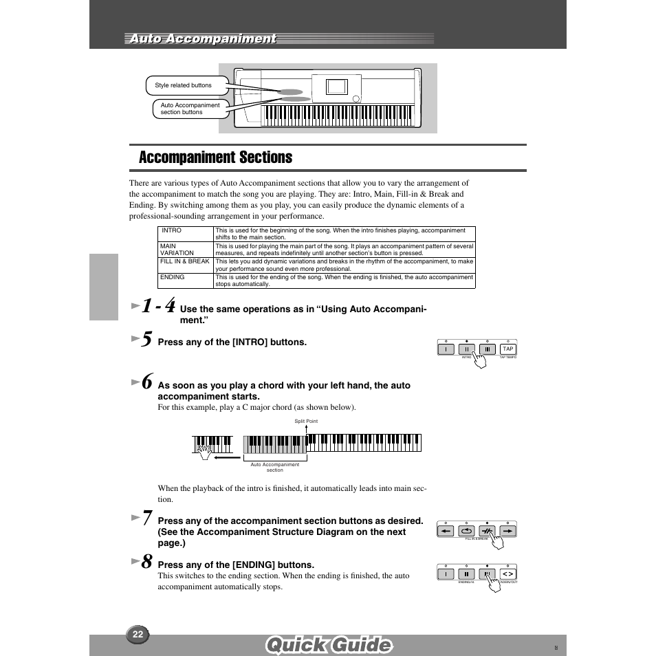 Accompaniment sections, Auto accompaniment | Yamaha 9000 Pro User Manual | Page 22 / 250