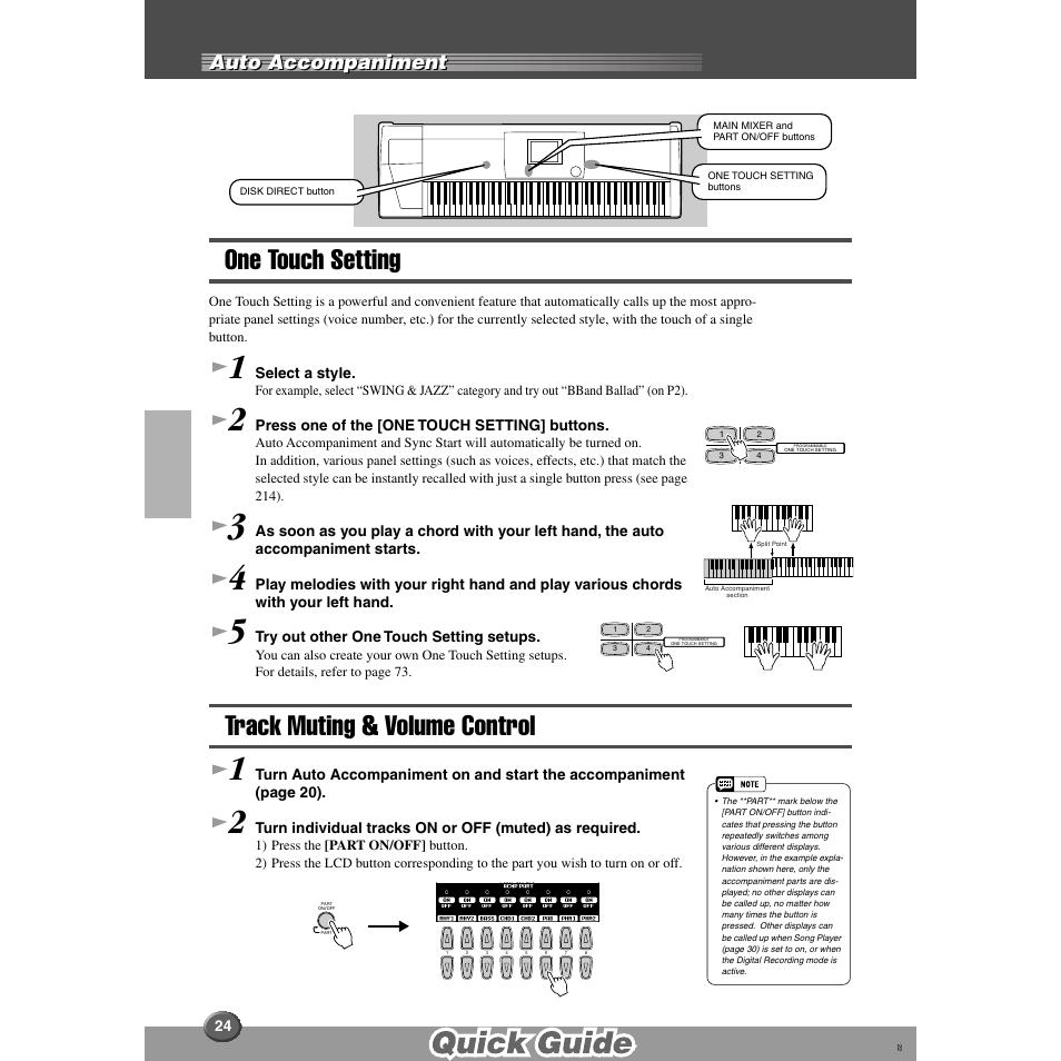 One touch setting, Track muting & volume control, One touch setting track muting & volume control | Auto accompaniment | Yamaha 9000 Pro User Manual | Page 24 / 250