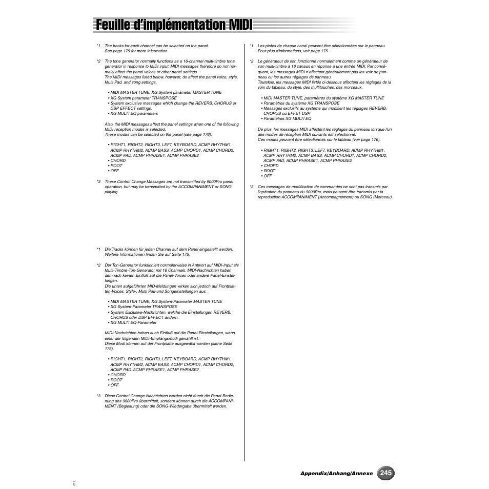 Feuille d’implémentation midi | Yamaha 9000 Pro User Manual | Page 245 / 250