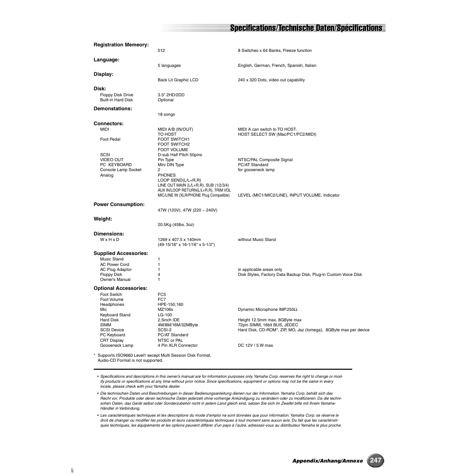 Specifications/technische daten/spécifications | Yamaha 9000 Pro User Manual | Page 247 / 250