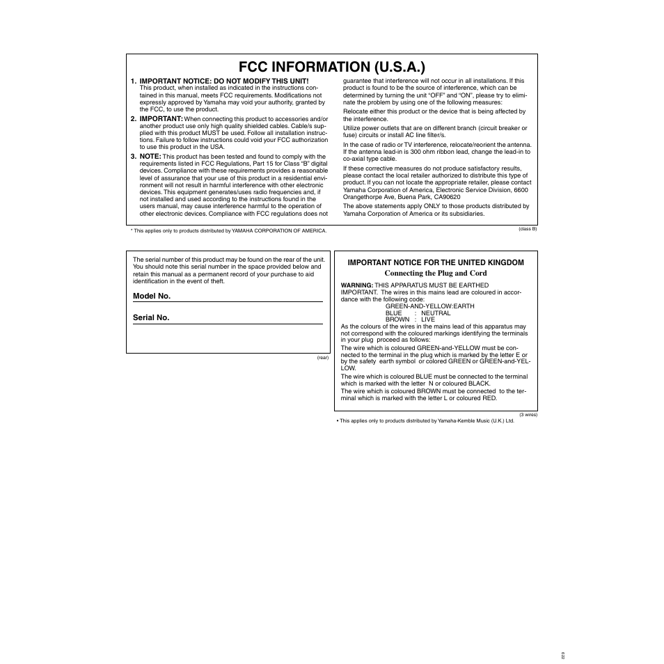 Fcc information (u.s.a.) | Yamaha 9000 Pro User Manual | Page 248 / 250