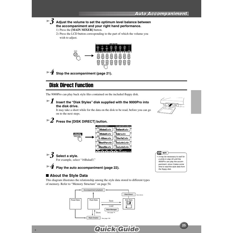 Disk direct function, Auto accompaniment, About the style data | Yamaha 9000 Pro User Manual | Page 25 / 250