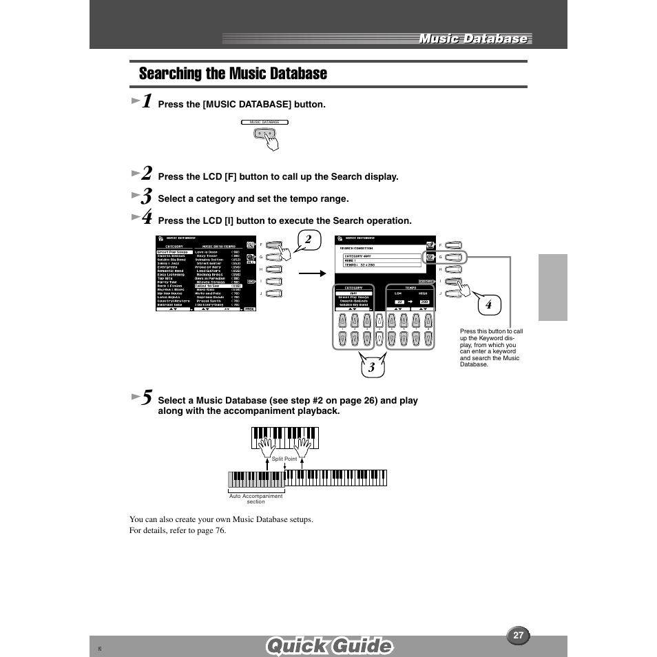 Searching the music database, Music database | Yamaha 9000 Pro User Manual | Page 27 / 250