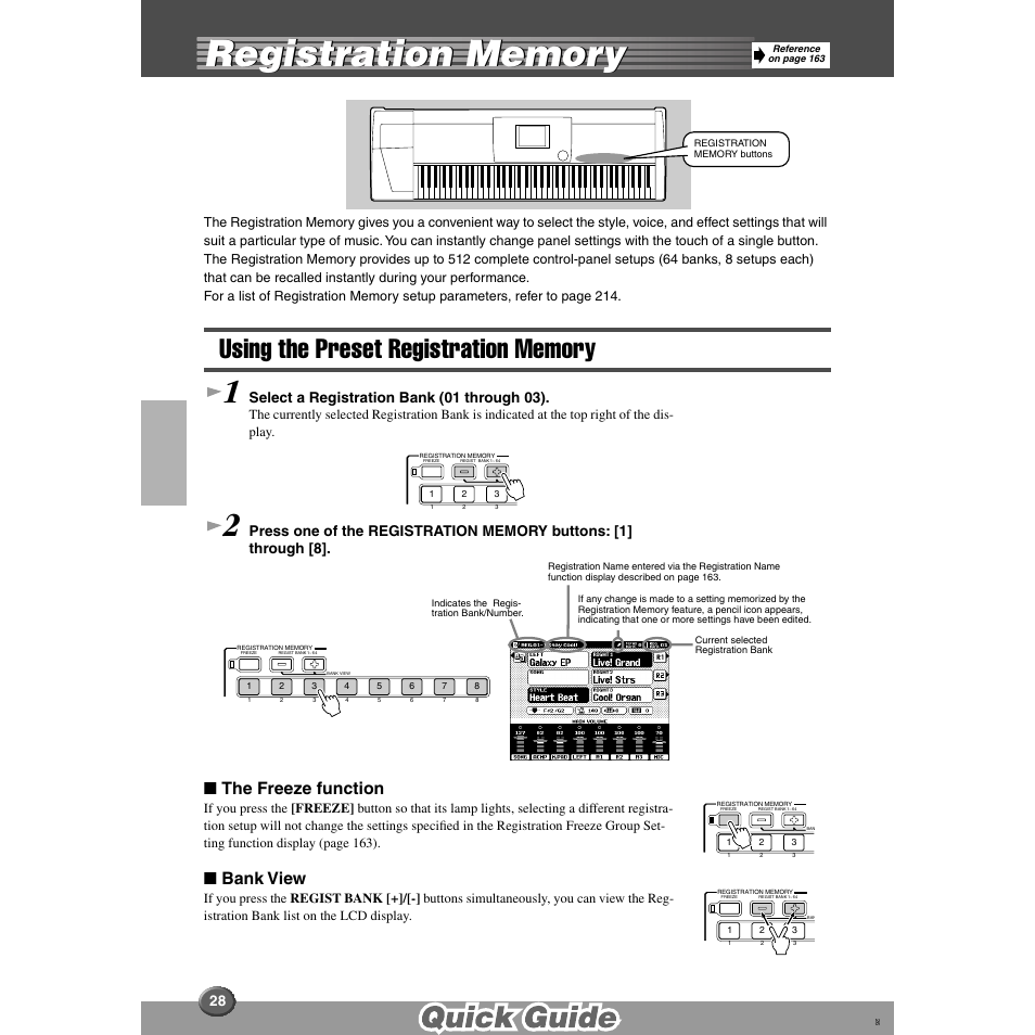 Registration memory, Using the preset registration memory, The freeze function | Bank view, Select a registration bank (01 through 03) | Yamaha 9000 Pro User Manual | Page 28 / 250