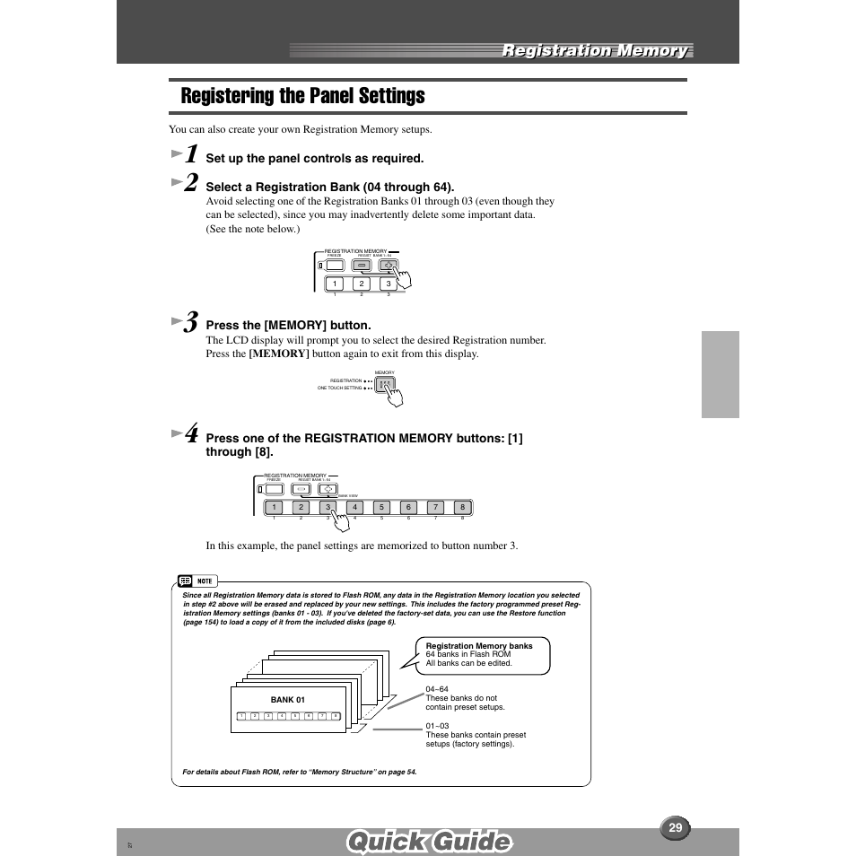 Registering the panel settings, Set up the panel controls as required, Select a registration bank (04 through 64) | Yamaha 9000 Pro User Manual | Page 29 / 250