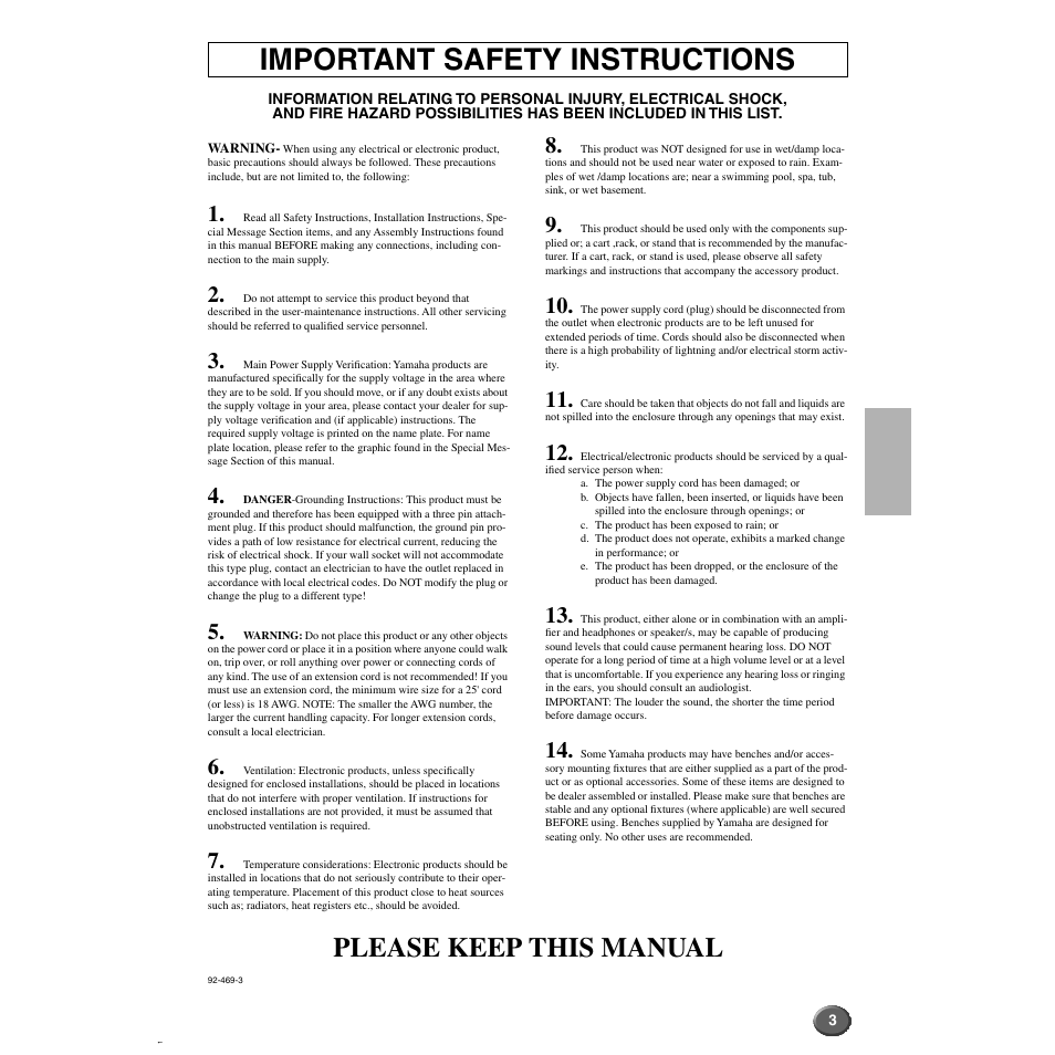 Important safety instructions, Please keep this manual | Yamaha 9000 Pro User Manual | Page 3 / 250