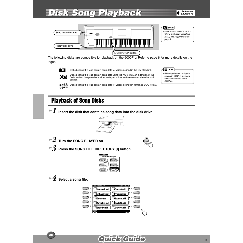 Disk song playback, Playback of song disks | Yamaha 9000 Pro User Manual | Page 30 / 250