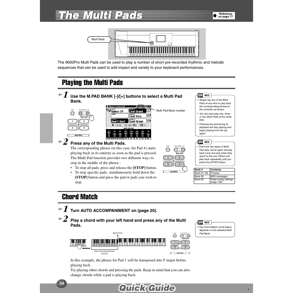 The multi pads, Playing the multi pads, Chord match | Playing the multi pads chord match | Yamaha 9000 Pro User Manual | Page 34 / 250