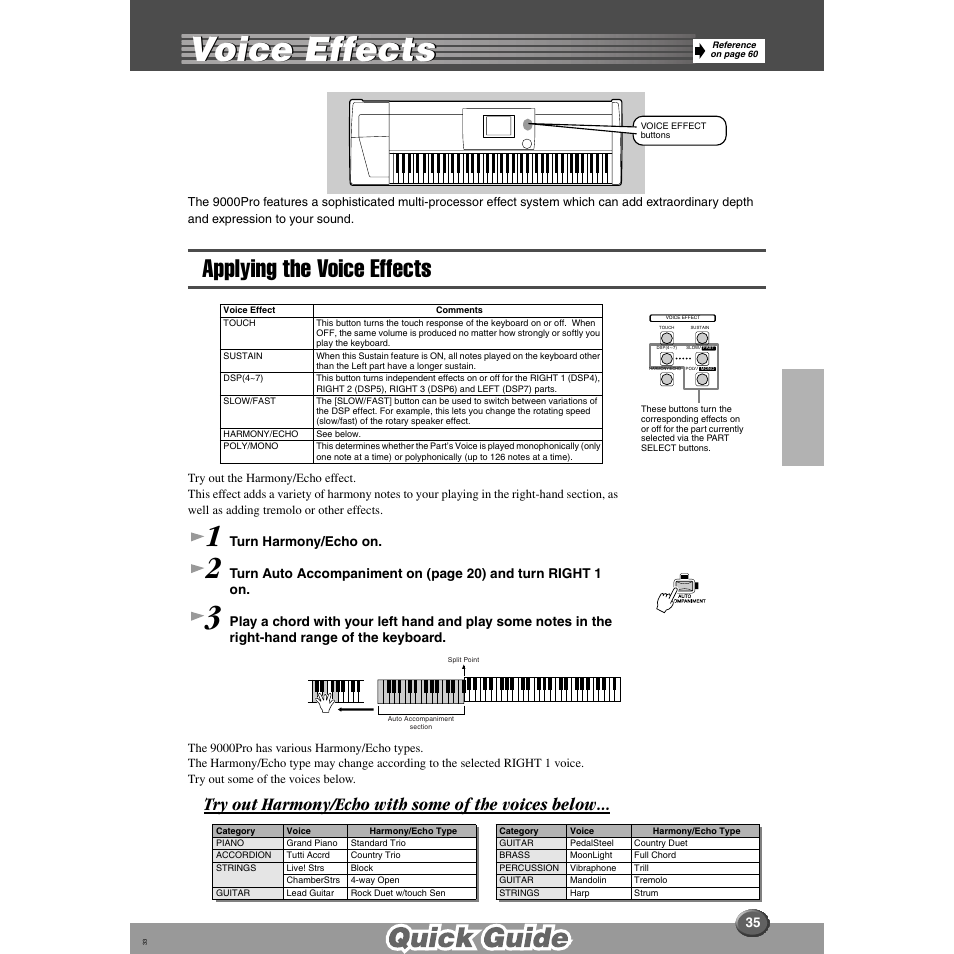 Voice effects, Applying the voice effects, Try out harmony/echo with some of the voices below | Yamaha 9000 Pro User Manual | Page 35 / 250