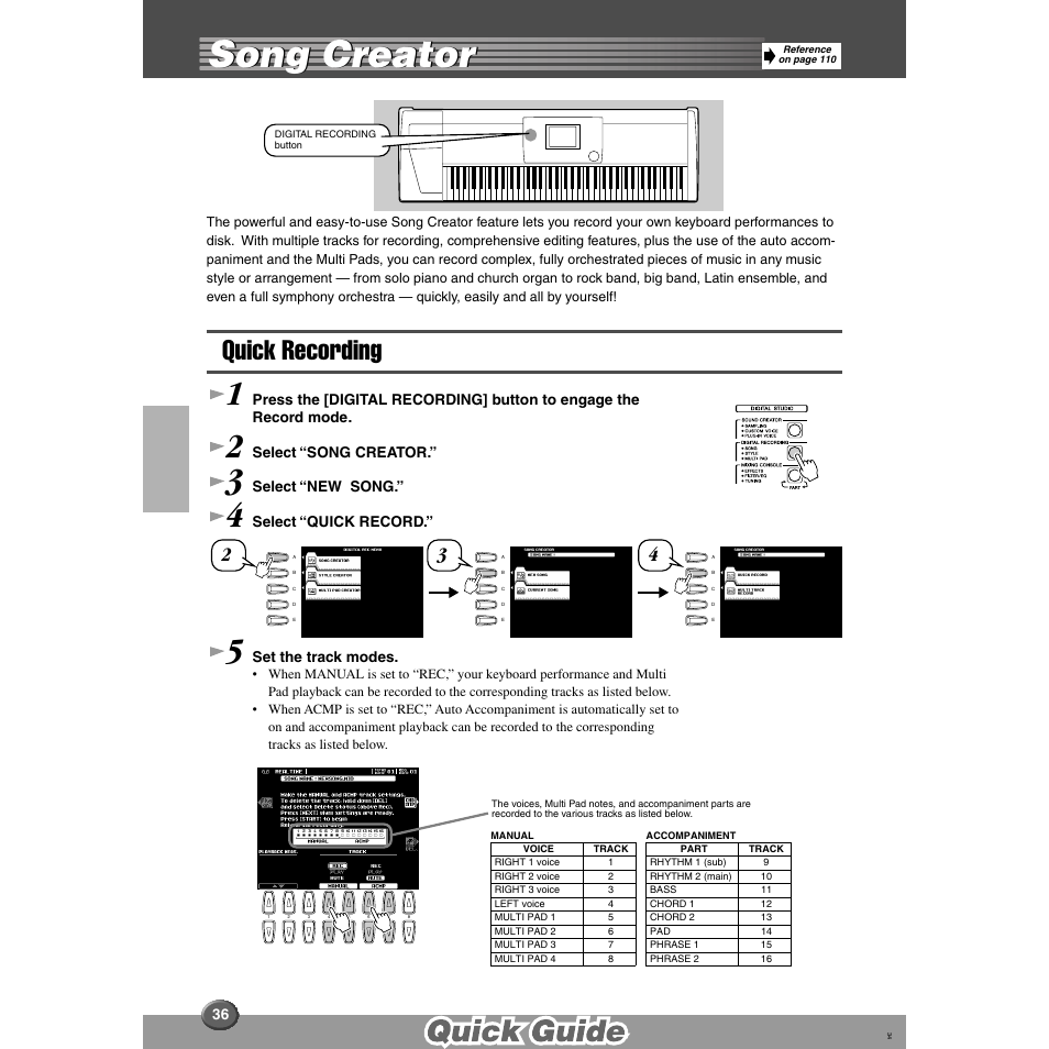 Song creator, Quick recording | Yamaha 9000 Pro User Manual | Page 36 / 250