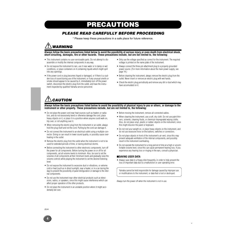 Precautions, Please read carefully before proceeding, Warning | Caution | Yamaha 9000 Pro User Manual | Page 4 / 250