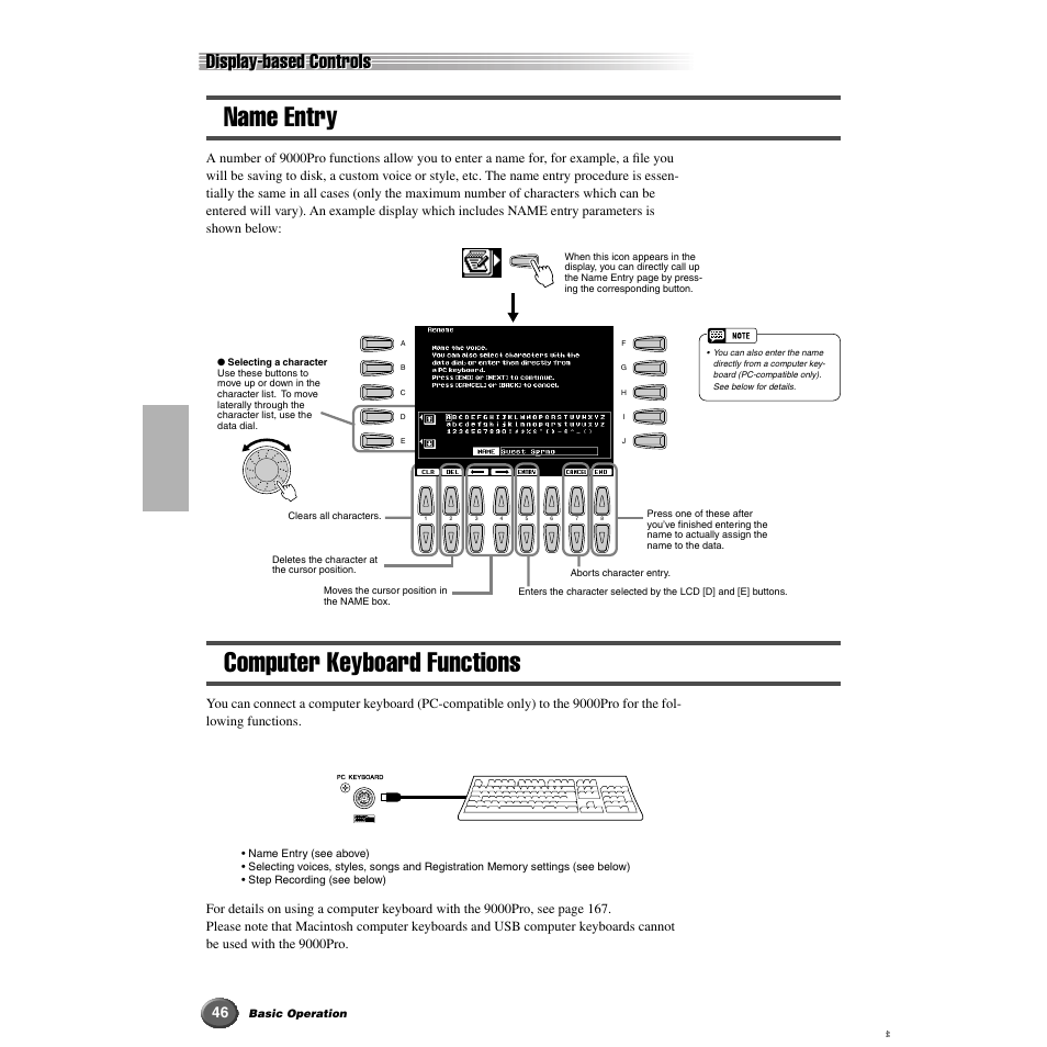 Name entry, Computer keyboard functions, Name entry computer keyboard functions | Es 46, Display-based controls | Yamaha 9000 Pro User Manual | Page 46 / 250